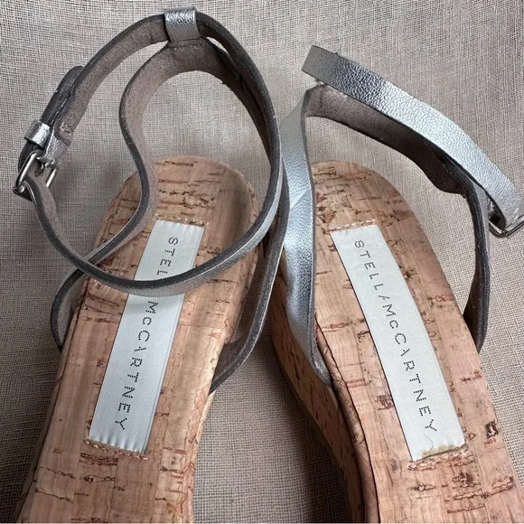 Stella McCartney Linda Cork Platform Metallic Silver Strappy Sandals 37